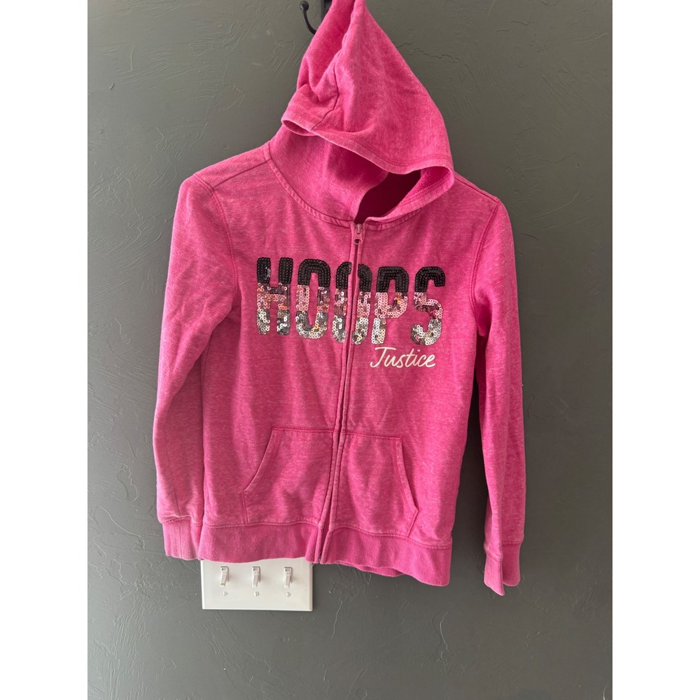 Justice Active Girls Pink Hoops Sequin Full Zip Hoodie Sweatshirt Size 8/10